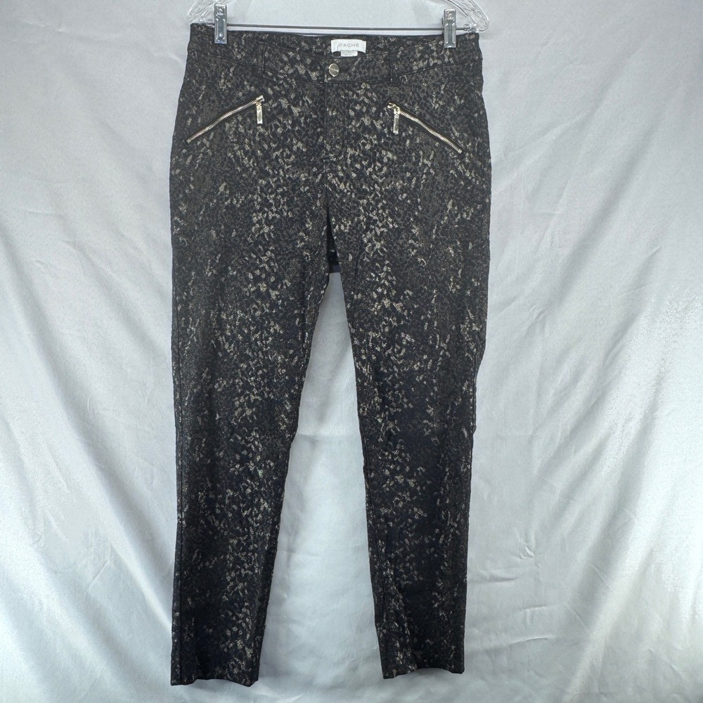 Cache Lace Print Pants Womens 10 Black Gold Metallic Jacquard Slim Party Glam